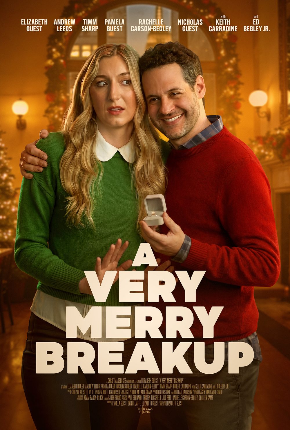 Poster for A Very Merry Breakup: Lydia, in a green sweater, looks warily at Tim, who is holding an open ring box, in a restaurant hung with Christmas garlands.